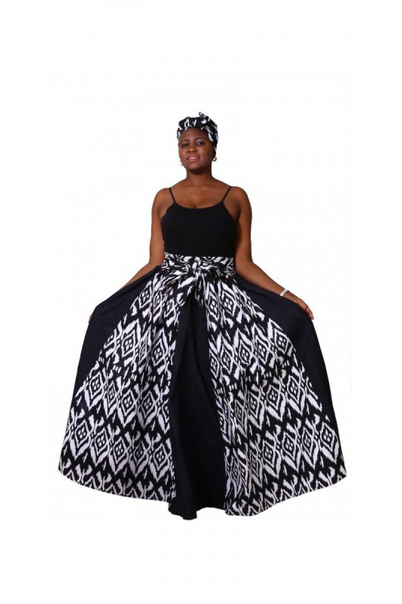 Printed Denim Skirt w/ Waist Tie and Scarf