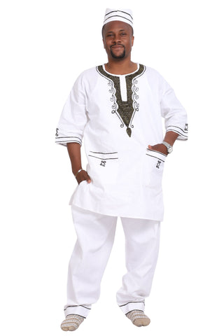 Men 3 Piece Set in Solid Wax Color Contrast Embroidery
