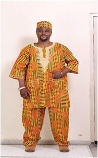 Men 3 Piece Set in Kente Wax Print w/ Embroidery