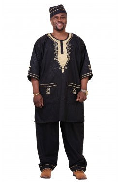 Men 3 Piece Set in Solid Wax Color Contrast Embroidery