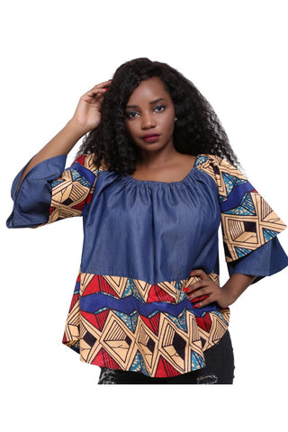 Denim/ Ankara Print Blouse