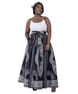 Denim + Ankara Print Long Maxi Skirt