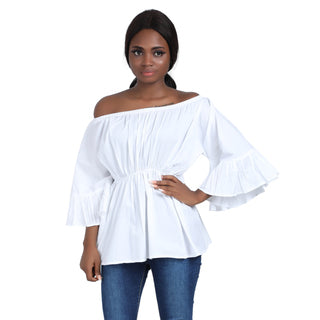 Off-Shoulder Wax Print Blouses w/ Bell Sleeves