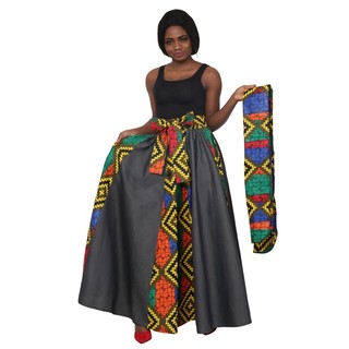 Denim and African Print Long Maxi Skirt